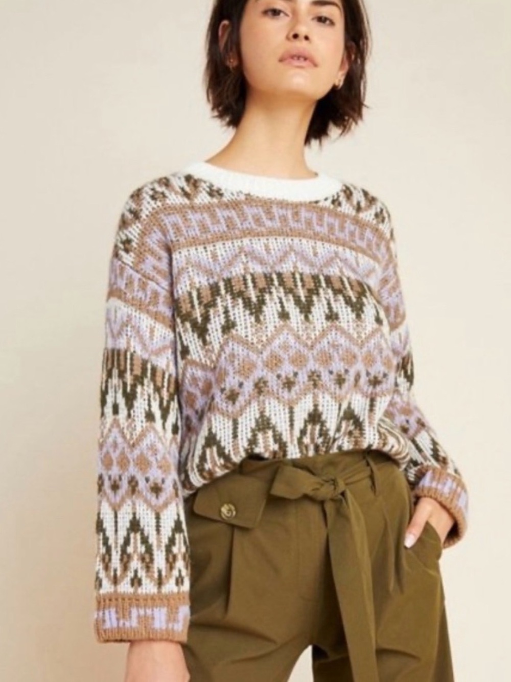 Anthropologie Cozy Wool Patterned Crewneck Sweater - Lavender, Brown & Cream
